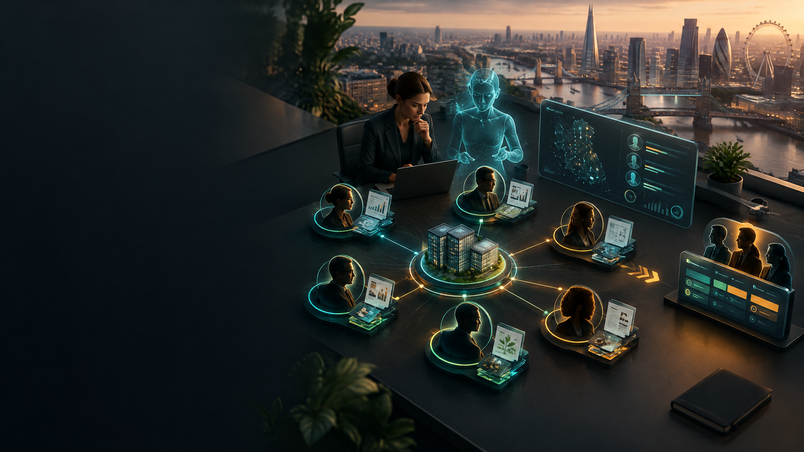 A B2B strategist and AI co-pilot map named accounts, buying-committee roles and a sales handoff in a London workspace.