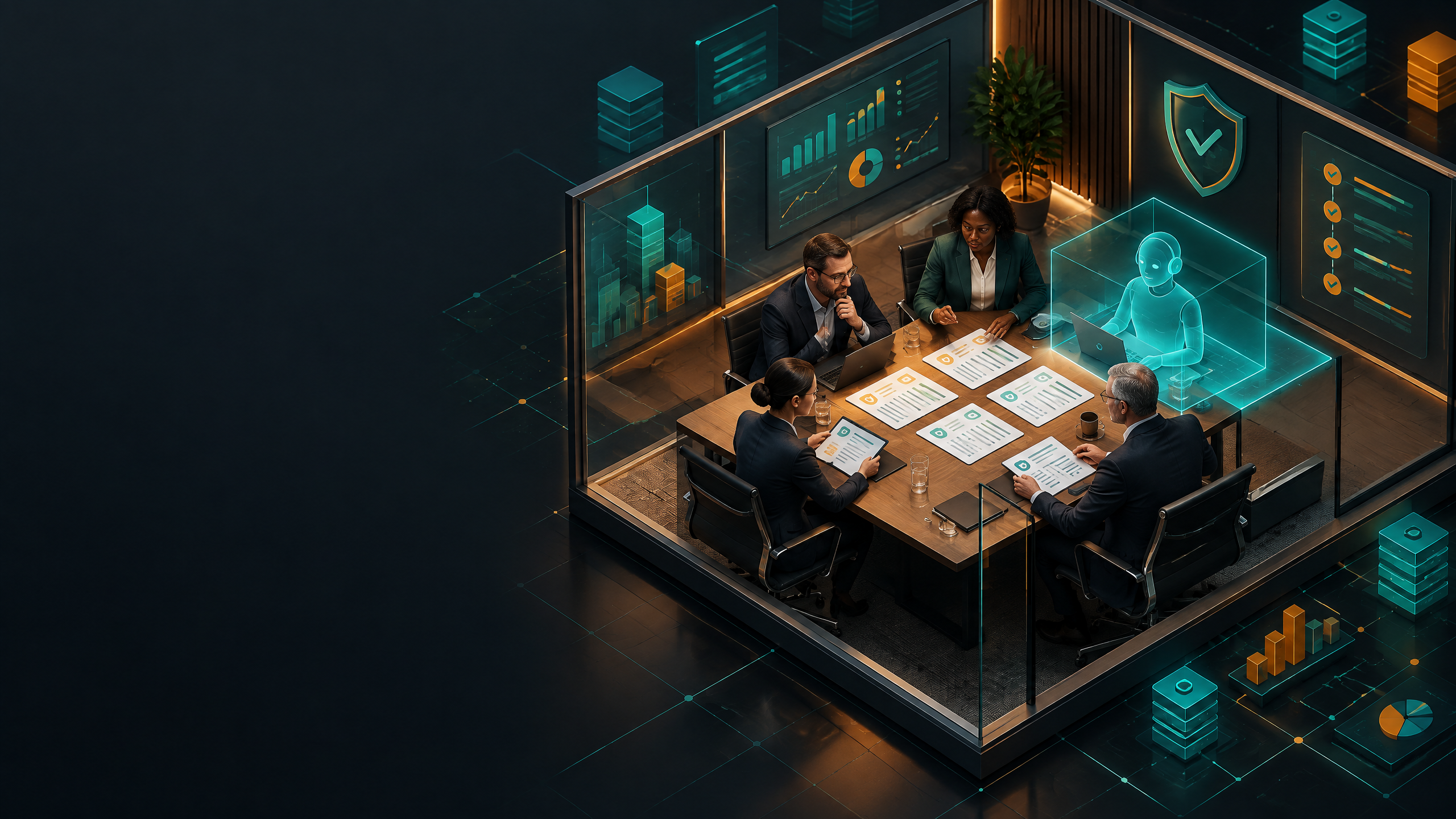 A fintech buying committee reviews approved claim cards within a visible AI permission boundary in a secure meeting room.