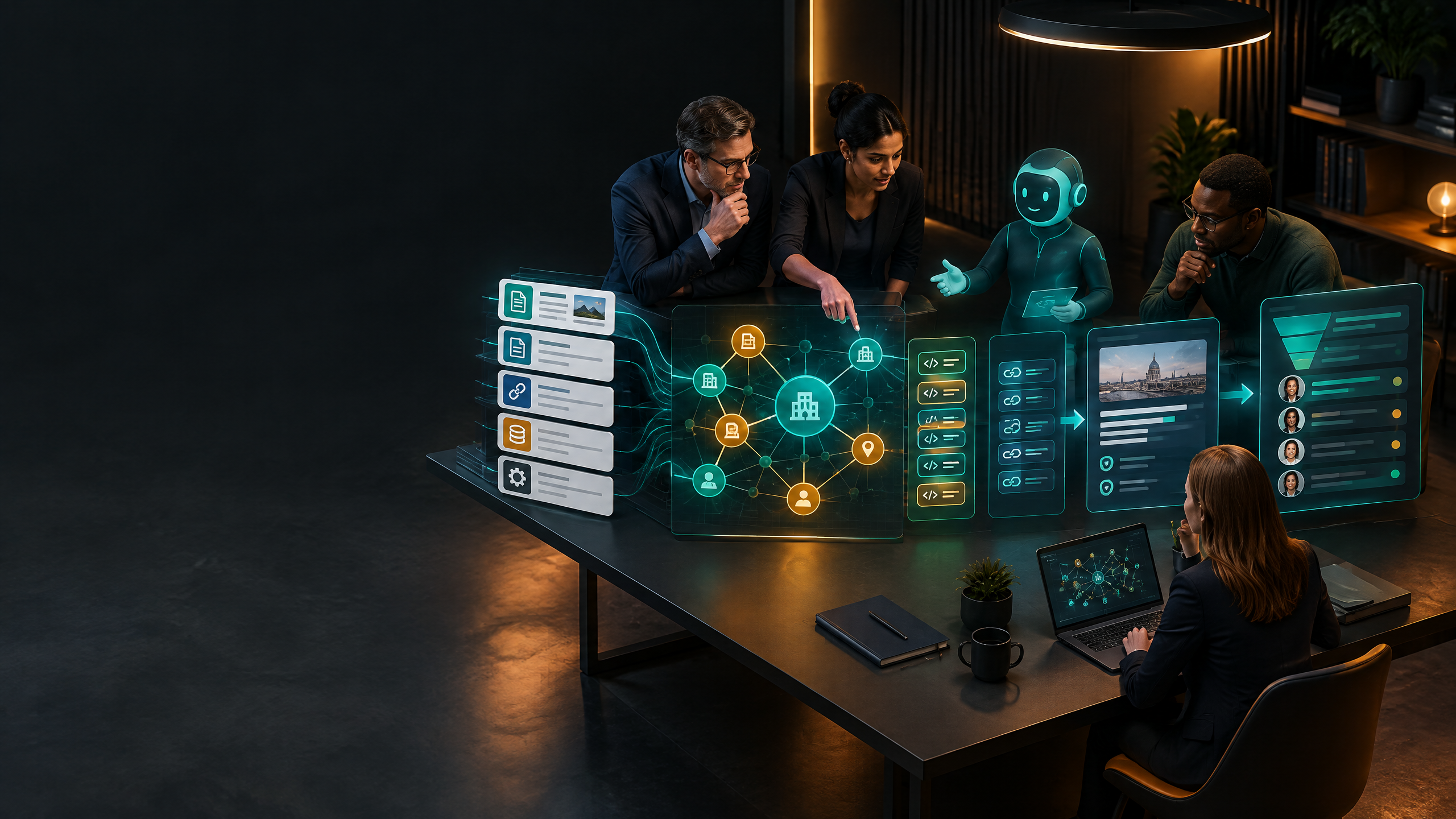 A B2B team and AI assistant organise an evidence graph from source cards, structured data and buyer-answer pathways.