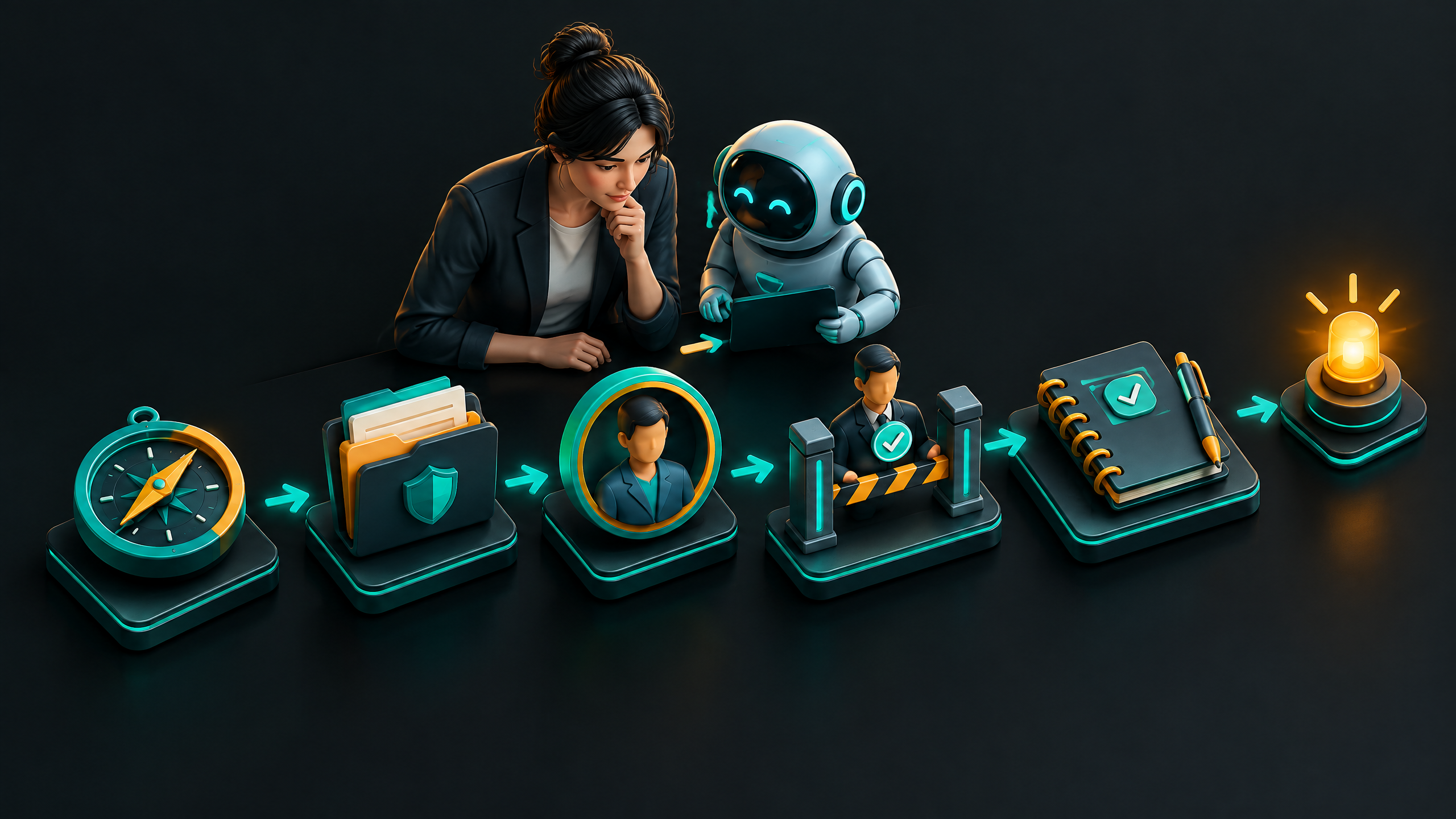 Five connected checkpoints show a buyer question, source evidence, a named owner, a human approval gate, and a review record before publication.