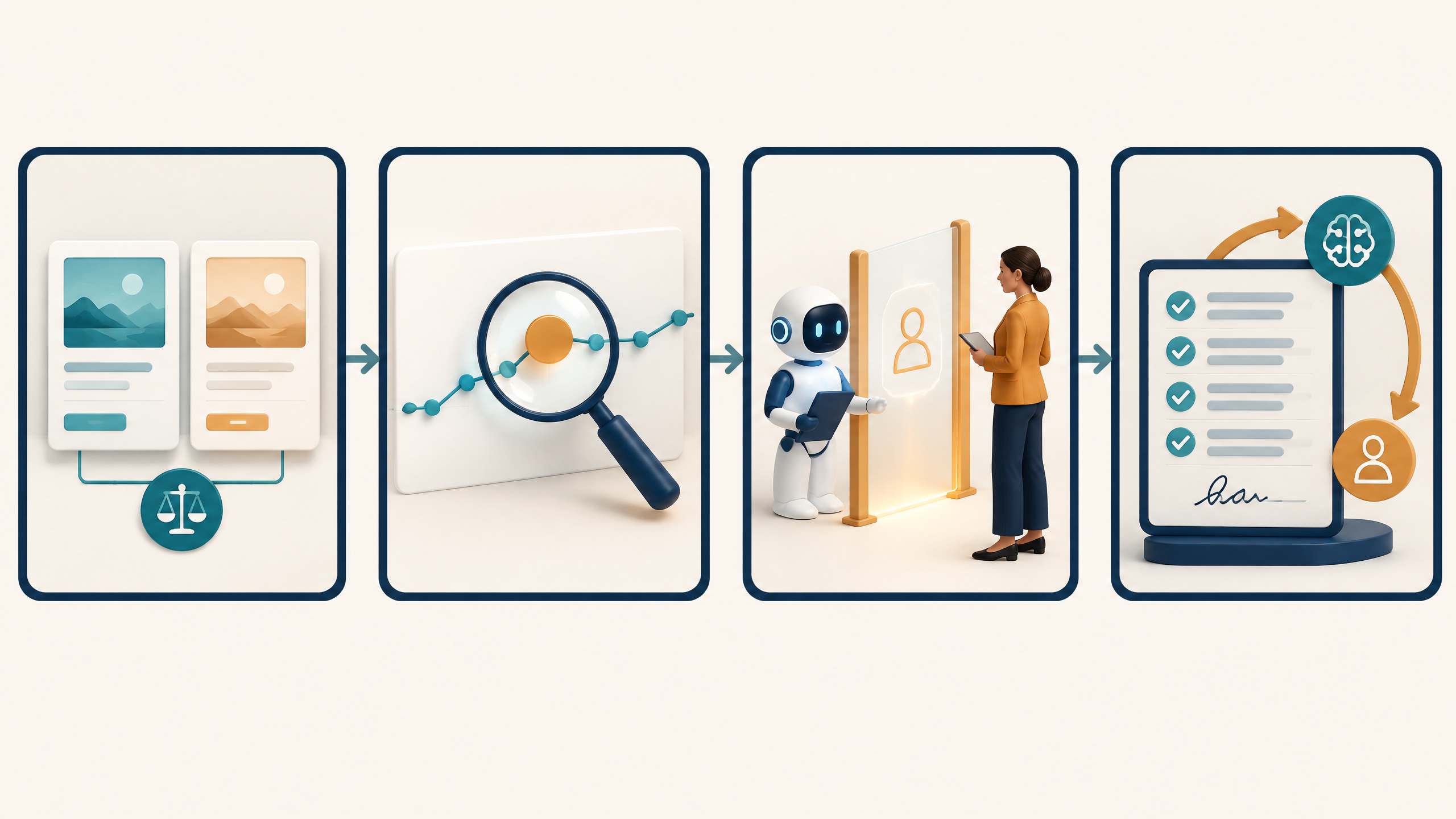 Four visual stages show comparison definition, signal testing, human approval and decision logging for AI-assisted marketing work.