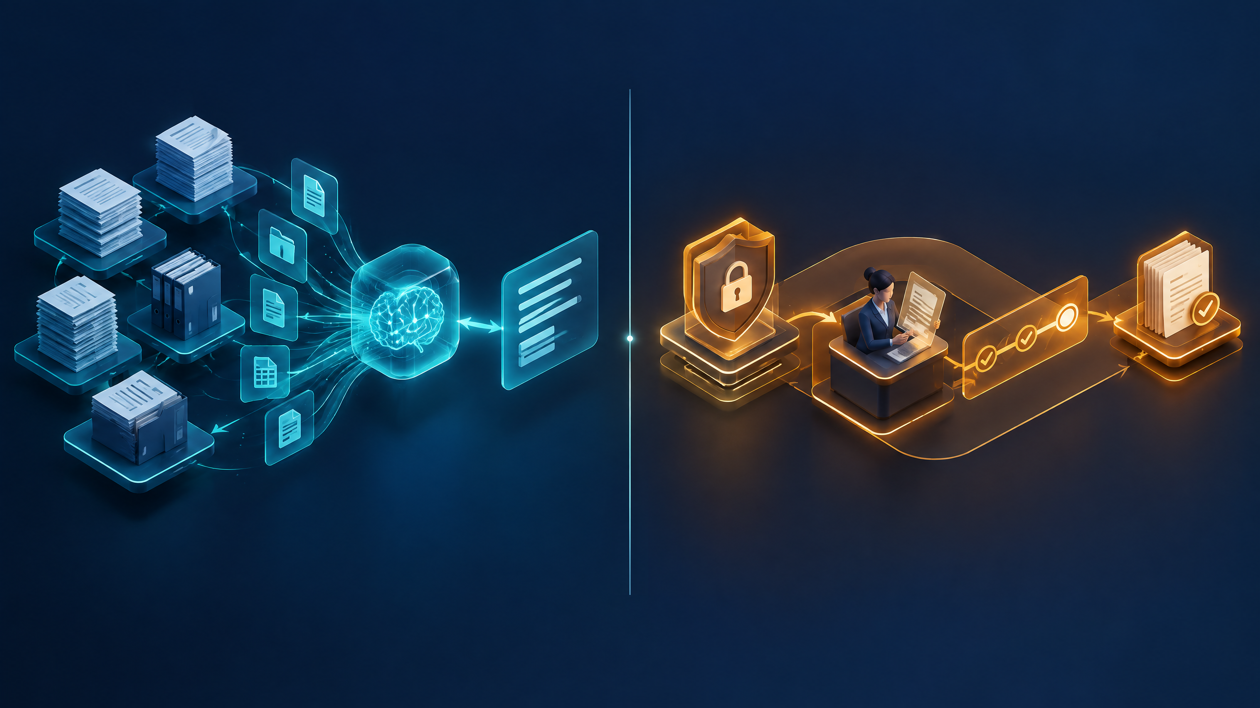 Conceptual comparison of a sourced AI answer layer and a later permissioned transaction layer with authentication, human review and progress tracking