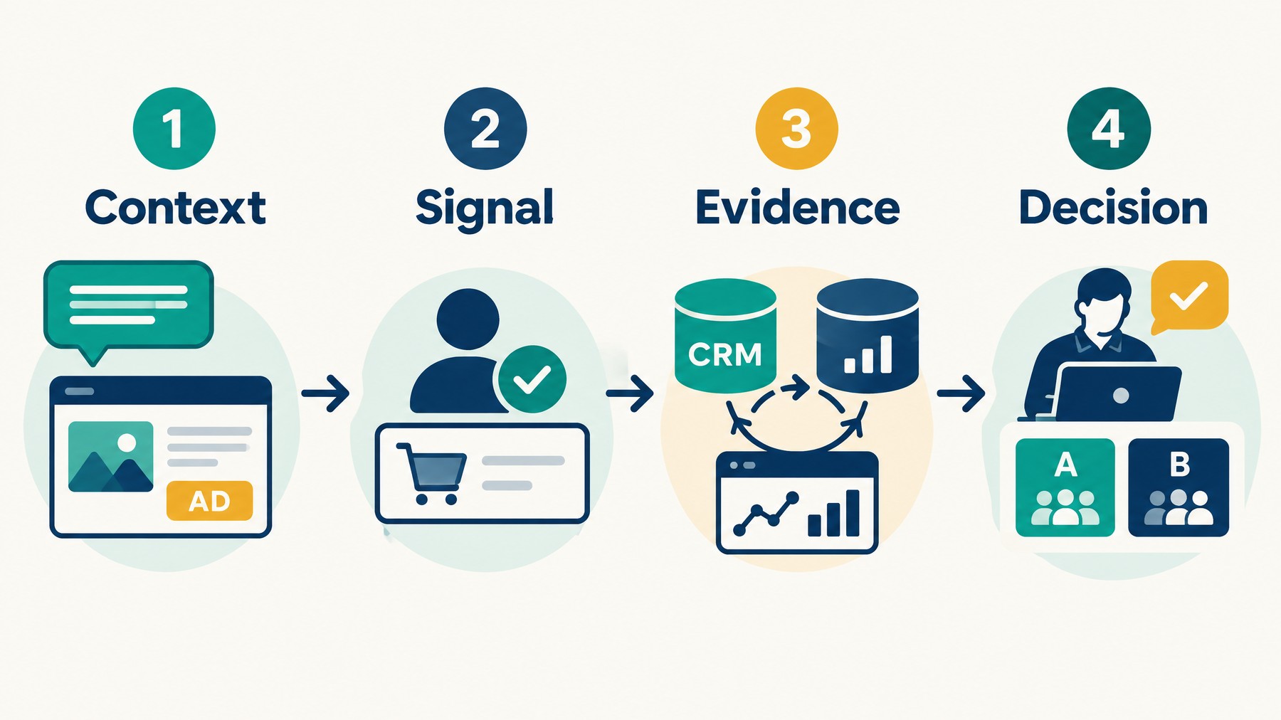 Four-stage Reasoned Intent measurement chain from conversational context through consented signal and reconciled evidence to a human decision.
