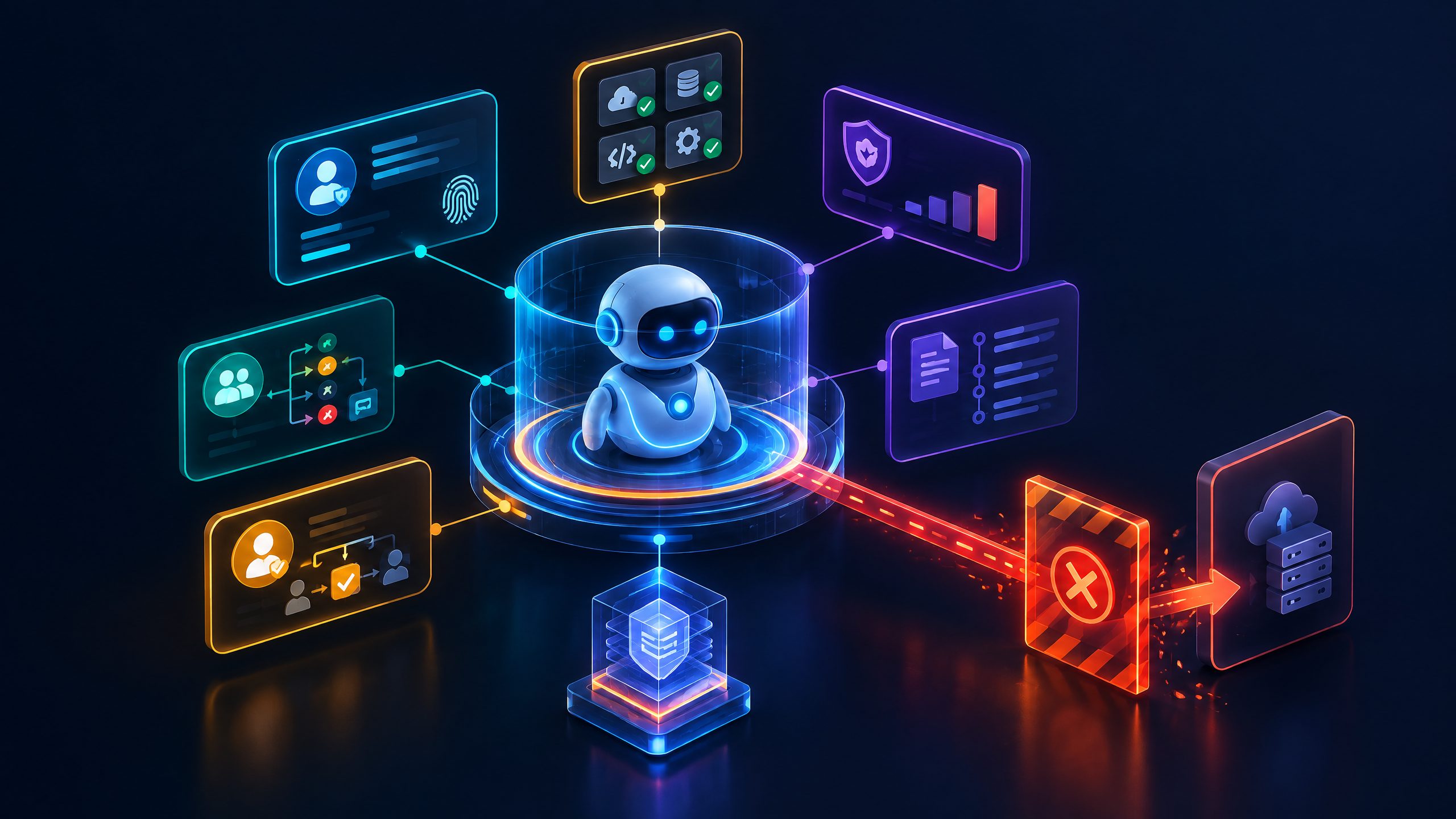 Machine-readable AI governance control plane connecting global policy rules, specialized agent contracts, runtime guardian oversight, and approved enterprise context