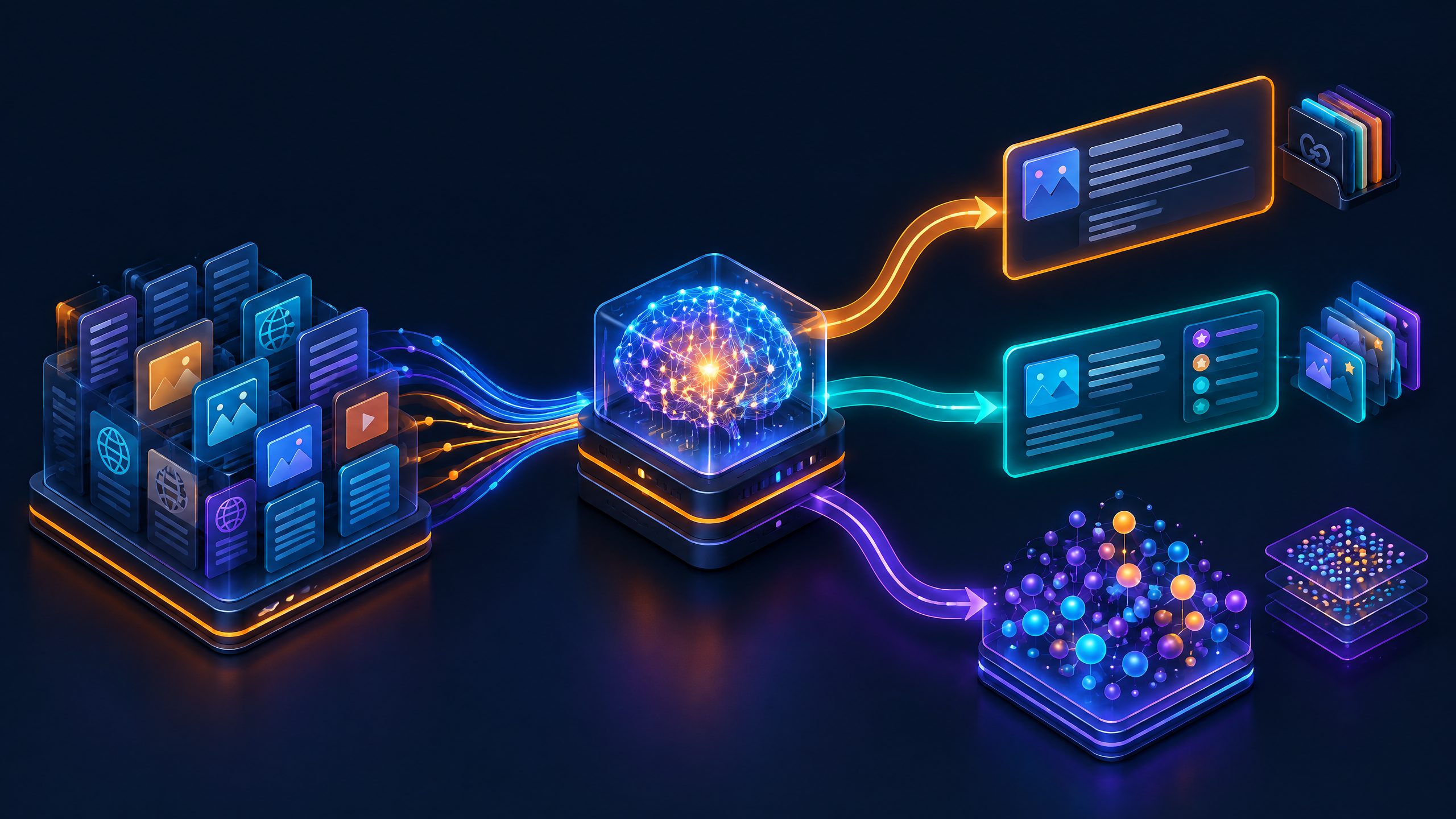 Editorial infographic showing a generative AI answer engine, a source contribution layer, visible source links, and a measurement dashboard