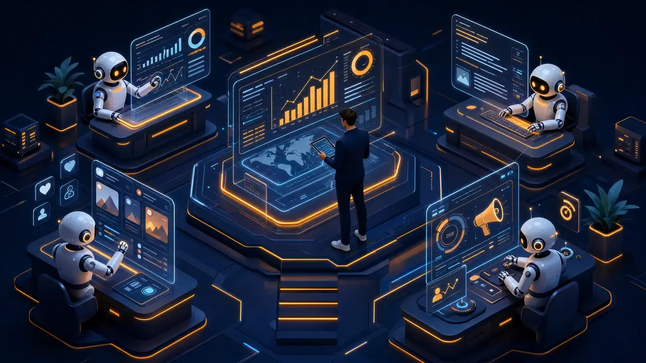 3D isometric illustration of AI agents and humans collaborating — Integrated.Social AI marketing agency London