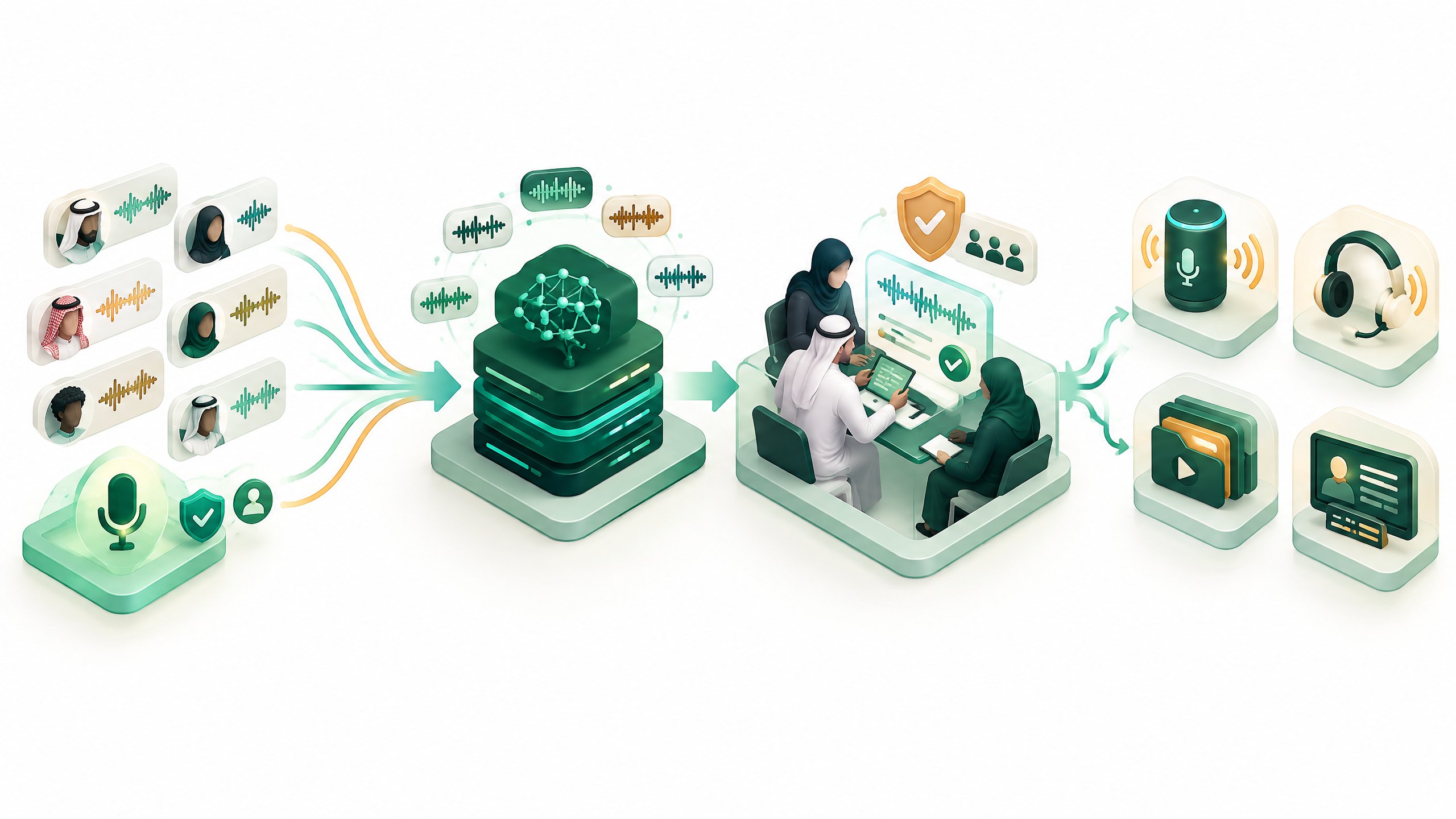 Responsible Saudi Arabic speech-AI workflow from approved local audio data through model adaptation and human release review to possible voice applications.
