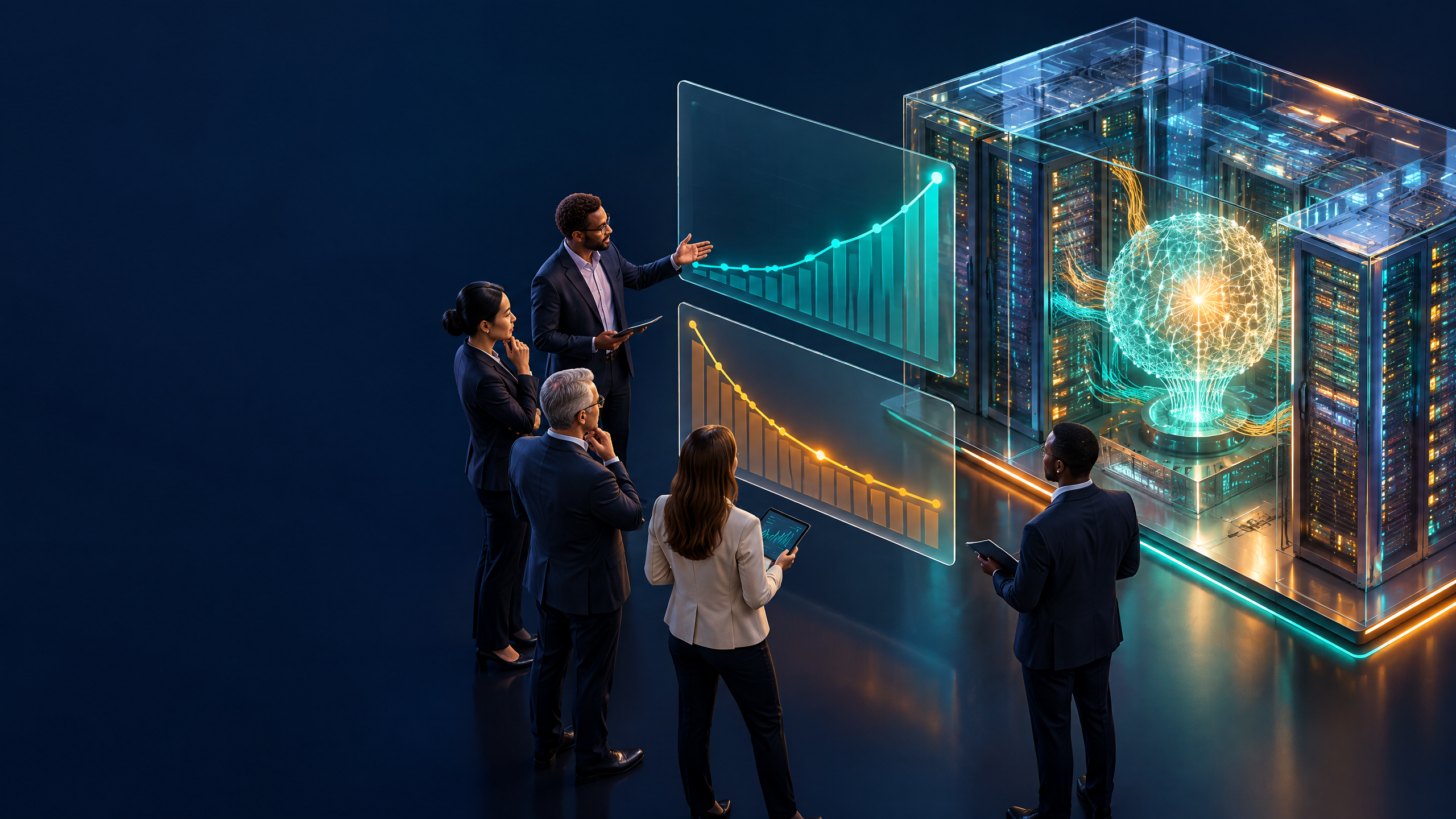 Business leaders reviewing revenue curves beside AI data-centre infrastructure, illustrating OpenAI's reported revenue run-rate and compute-economics question.