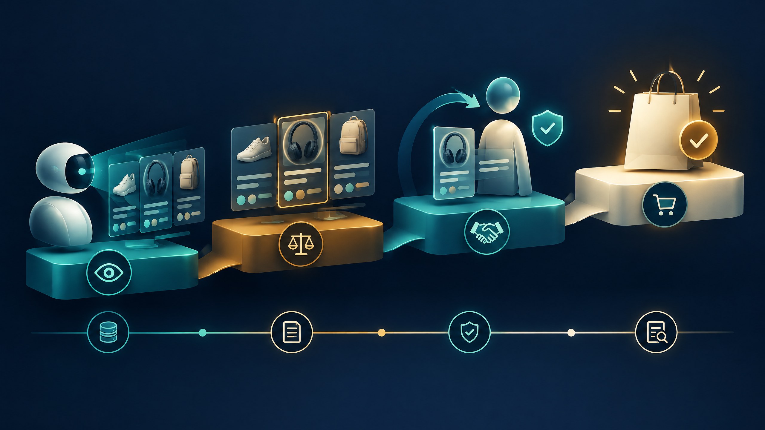 Conceptual access ladder showing observe, compare, handoff and approved purchase stages for AI shopping agents