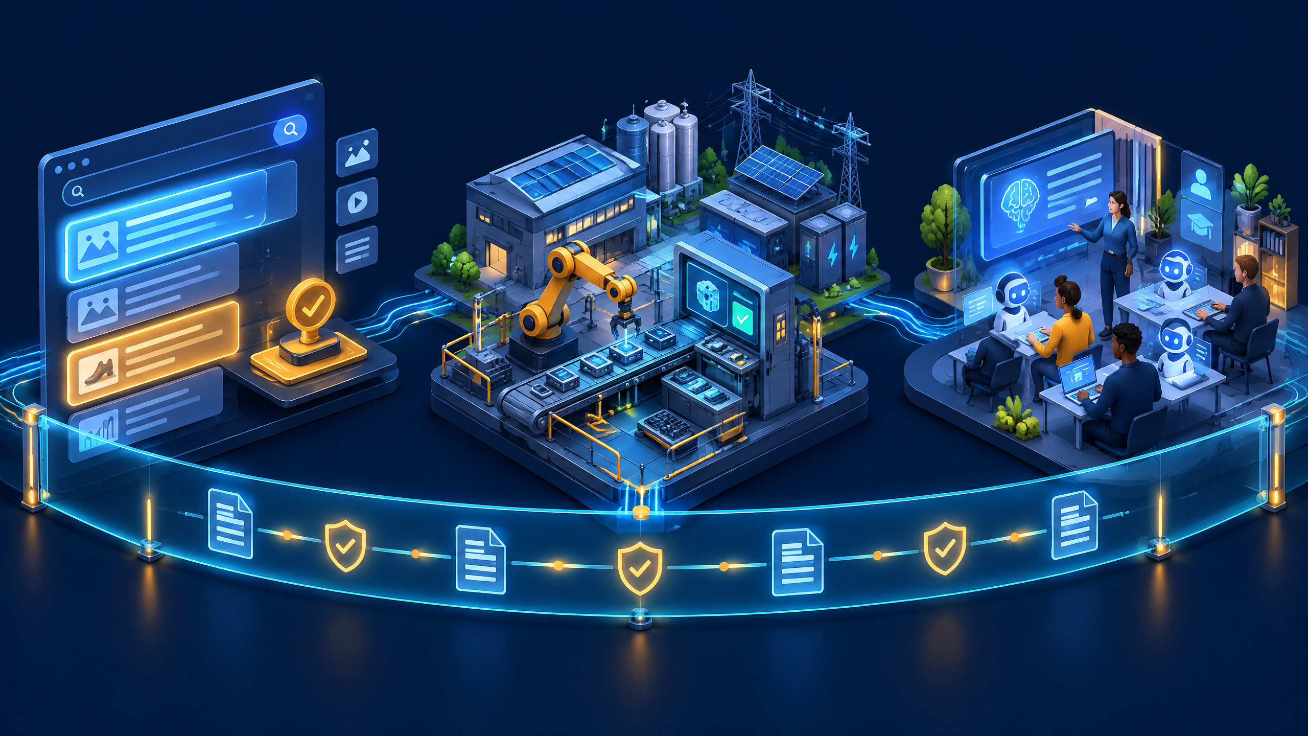 Conceptual visual briefing showing answer-engine discovery, governed manufacturing automation and workforce supervision connected by an audit trail