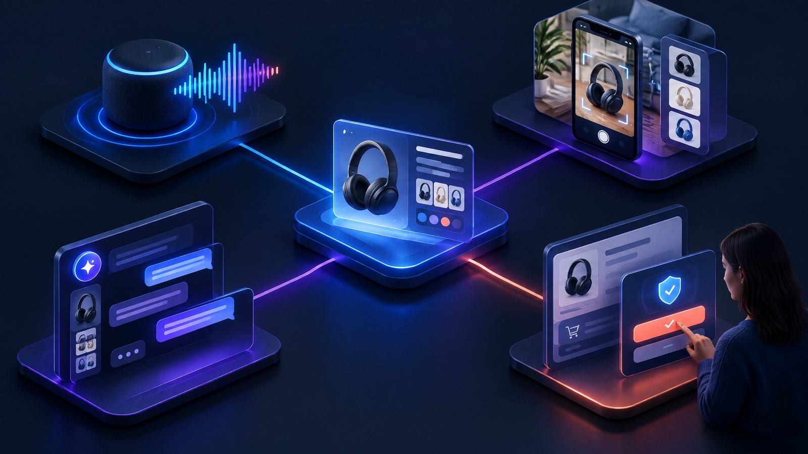 A global brand product record connecting to voice, visual discovery and a human-approved AI shopping flow
