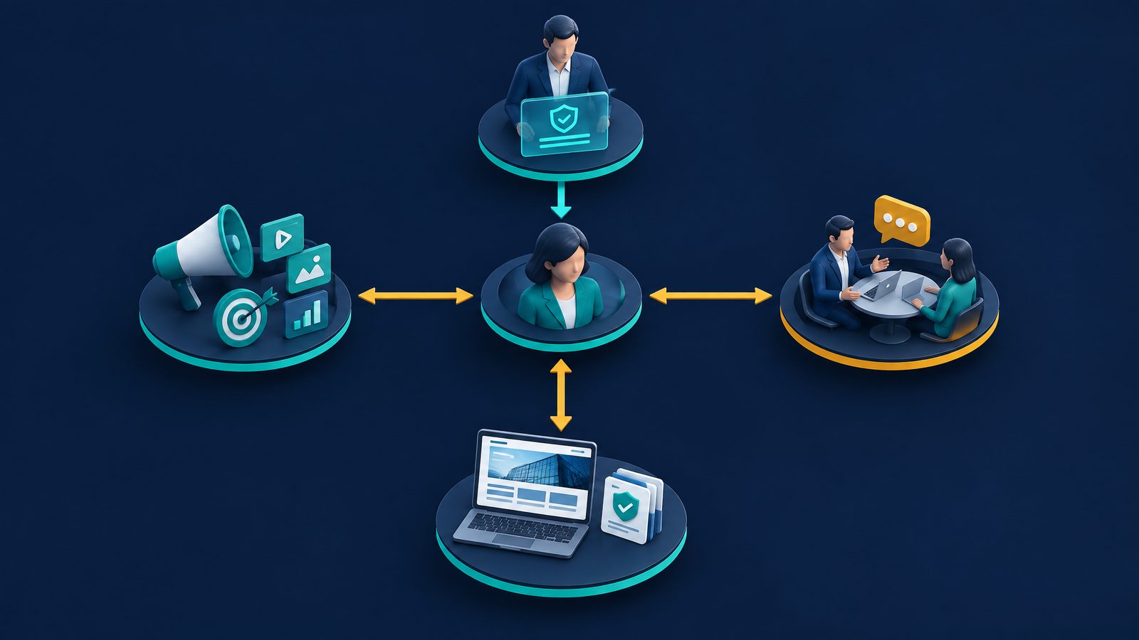 Conceptual diagram of one buyer persona connecting paid media, durable website evidence and sales conversation under human ownership.