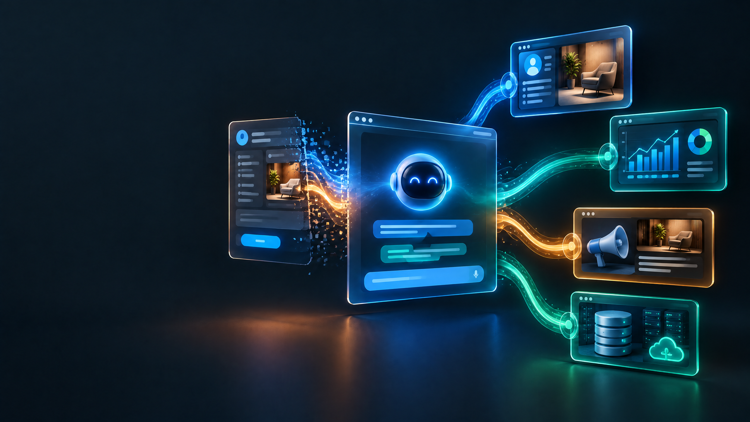 Illustrative AI conversational interface orchestrating stable CRM, analytics, advertising and data systems behind a disappearing traditional SaaS screen
