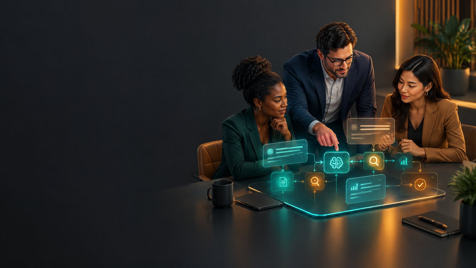 Business leaders collaborating with an AI workflow board during a practical training session