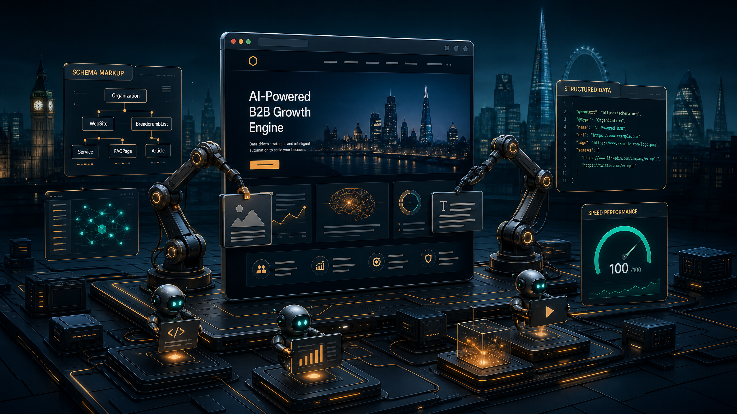 AI website development for B2B brands: schema markup, structured data, AEO optimization, and performance engineering for AI search visibility and lead generation in London