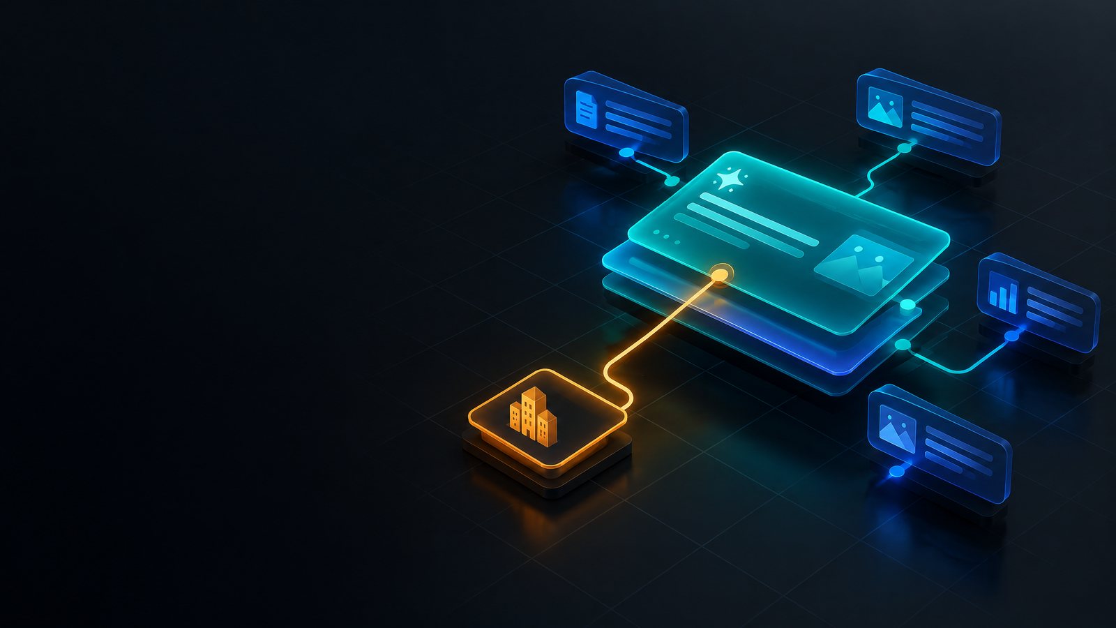 Illustration of AI answer cards, citation nodes and a B2B brand connection