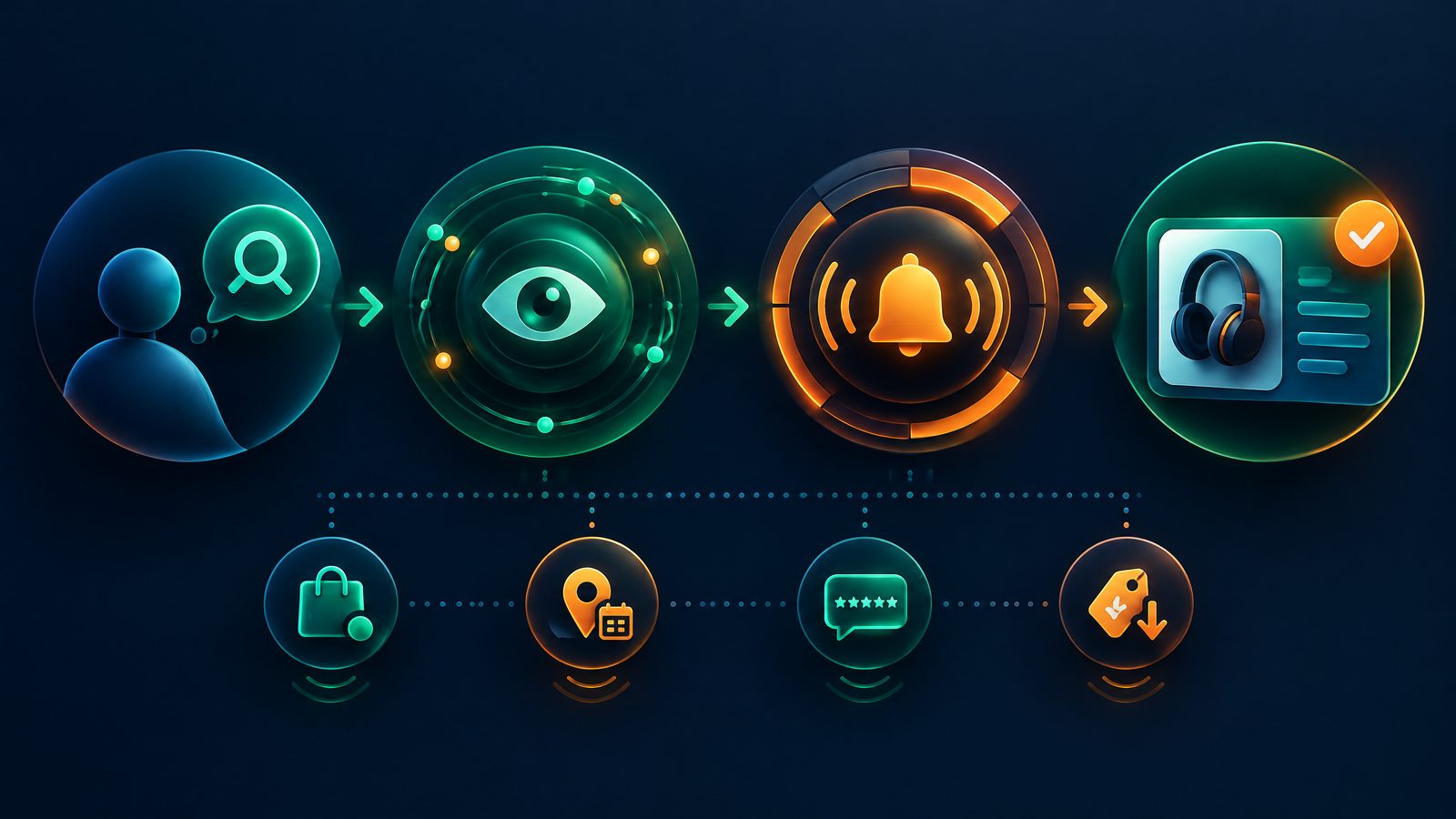 Conceptual visual of an AI search monitoring flow from a user objective through changing market signals to a later recommendation