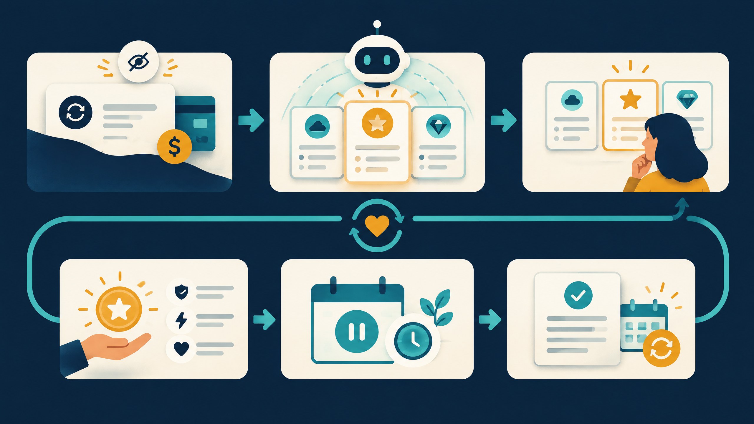 Conceptual customer decision path from recurring bill to AI-assisted comparison and value-led retention response