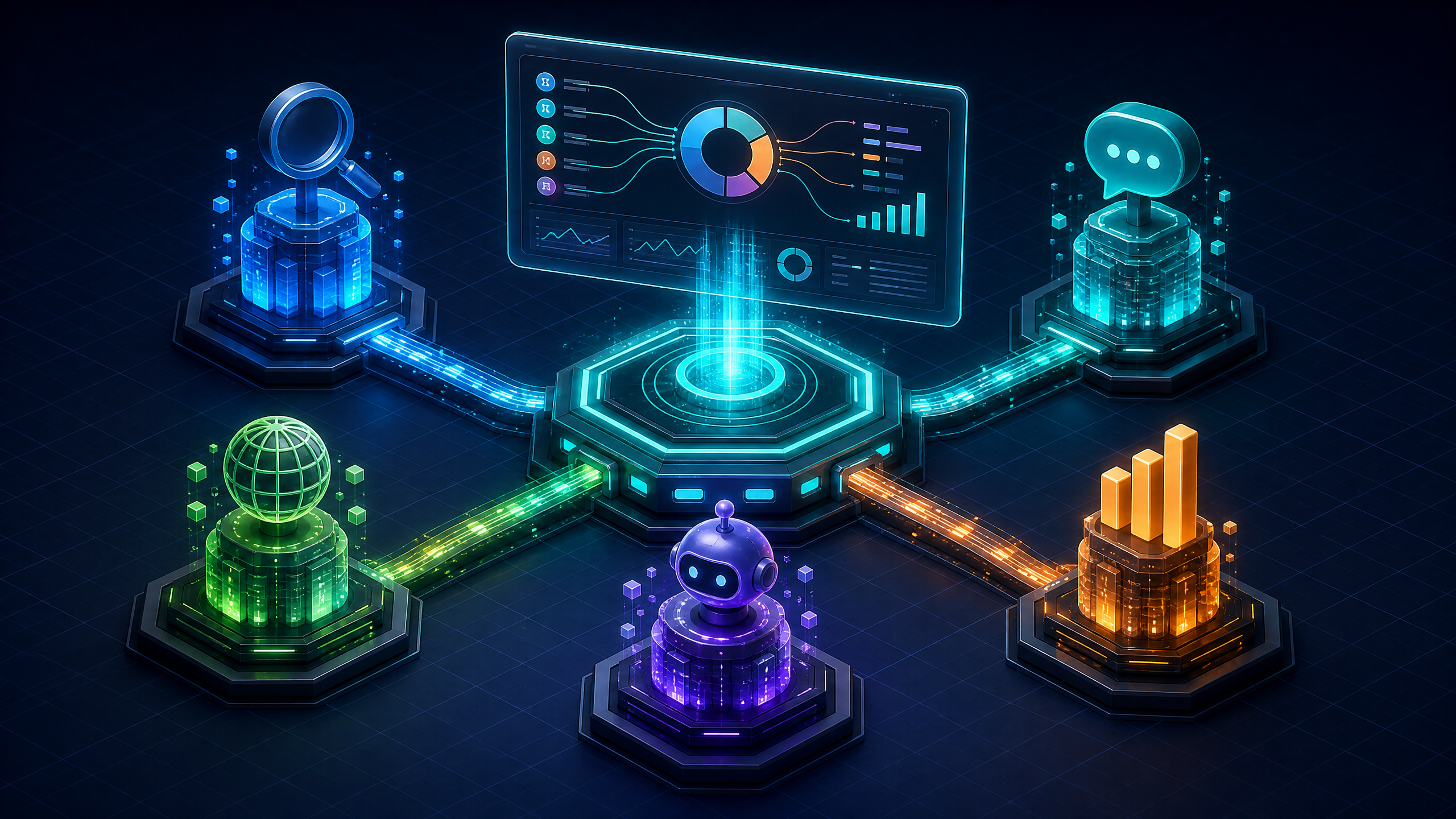 Integrated Marketing Communications framework by Integrated.Social: five capability towers (AEO/SEO, PPC, Agentic AI, ABM, Brand Strategy) connected to unified attribution for B2B pipeline growth